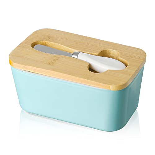 Candiicap Butterdose Porzellan, Butterschale mit Holzdeckel und Buttermesser, Keramik Butterdose mit Silikon-Dichtlippe für Alle Arten von Butter (Matt Blau) von Candiicap