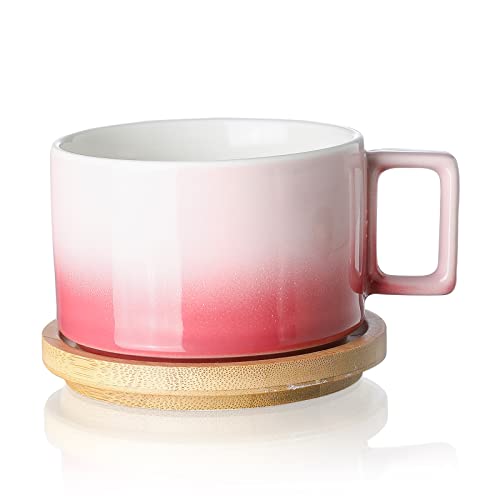 Candiicap Keramik Kaffee Tassen Set (310ml) mit Hölzerne Untertassen, Kaffeetassen Set für Cappuccino, Latte, Espresso, Americano, Mokka, Tee (Sakura Rosa von Candiicap