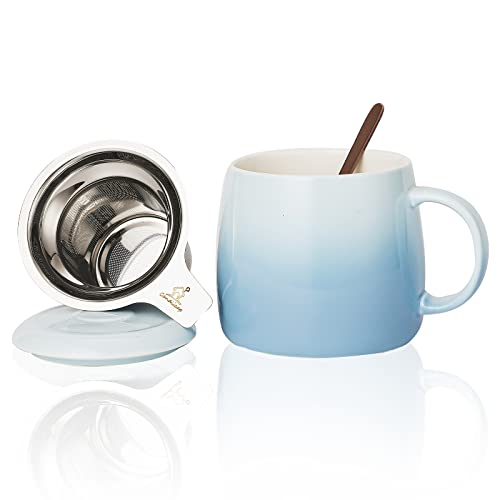 Keramik Teetasse mit Sieb, Deckel und Löffel, 450ml, Candiicap Groß Teebecher für Tee, Kaffee, Milch-Mikrowellen- und Spülmaschinenfest (450ml, Himmel Blau) von Candiicap