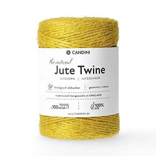 Candini Jutegarn - gelb, 100m Bastelschnur - ø 2-3mm reine Jute - Schnur Kordel | Premium Qualität - Made in England - Paketschnur, Dekoration, Garten, Verpackung von Candini