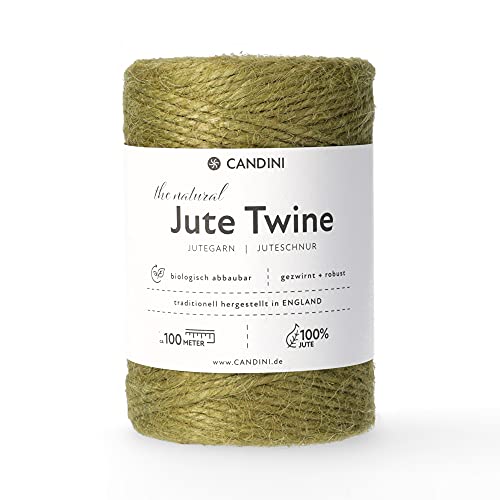 Candini Jutegarn - olivgrün, 100m Bastelschnur - ø 2-3mm reine Jute - Schnur Kordel | Premium Qualität - Made in England - Paketschnur, Dekoration, Garten, Verpackung von Candini