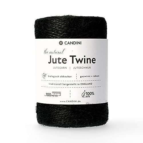 Candini Jutegarn - schwarz, 100m Bastelschnur - ø 2-3mm reine Jute - Schnur Kordel | Premium Qualität - Made in England - Paketschnur, Dekoration, Garten, Verpackung von Candini