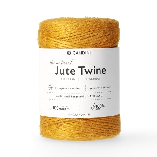 Candini Jutegarn - senfgelb | 100m | ø 2-3mm reine Jute, Bastelschnur - Premium Qualität aus England - Jute Schnur gold gelb, Paketschnur, Jutekordel, Bindfaden von Candini