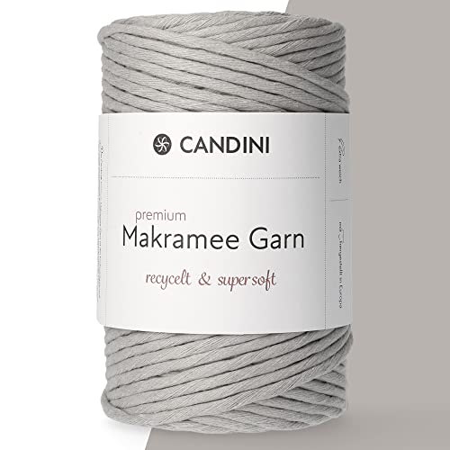 Candini Premium Makramee Garn | silbergrau | 3mm x 100m | 100% recycelte Baumwolle aus Portugal | Baumwollgarn, DIY, grau, silber von Candini