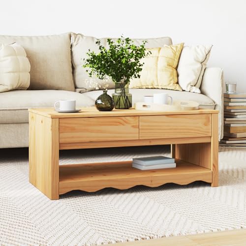 Canditree 2-stöckiger Couchtisch Massivholz Kiefer, Rechteckiger Wohnzimmertisch Mit 2 Schublade, Beistelltisch, Kaffeetisch (Braun) von Canditree