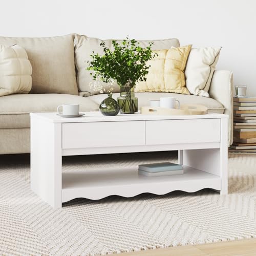 Canditree 2-stöckiger Couchtisch Massivholz Kiefer, Rechteckiger Wohnzimmertisch Mit 2 Schublade, Beistelltisch, Kaffeetisch (Weiß) von Canditree