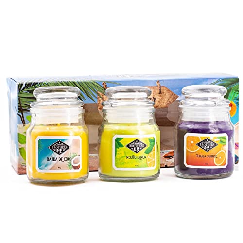 Candle-Brothers Duftkerzen Set im Glas mit Deckel | Beach Bar | 3 Duftkerzen als Geschenkset | Kleine Duftkerzen (Kokosnuss, Zitrone und Tequila Sunrise) | Geschenkset für Muttertag von Candle-Brothers