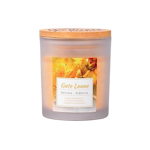 Candle Factory Wellness Duftkerzen im satinierten Glas mit Bambusdeckel aus pflanzlichem Stearin, ca. 30h Brennzeit, Duft: Gute Laune von Candle Factory