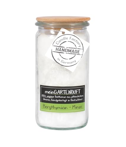 Candle Factory meinGARTENDUFT vegane Duftkerzen aus pflanzlichem Stearin im hitzebeständigen Glas der Marke Weck®, ca. 70h Brennzeit, Duft: Bergthymian - Minze von Candle Factory