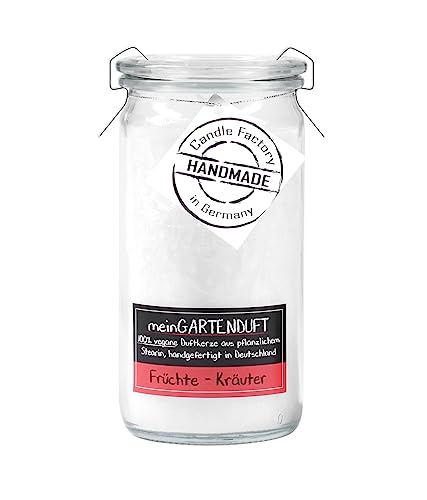 Candle Factory meinGARTENDUFT vegane Duftkerzen aus pflanzlichem Stearin im hitzebeständigen Glas der Marke Weck®, ca. 70h Brennzeit, Duft: Früchte - Kräuter von Candle Factory