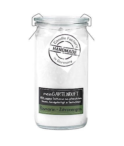 Candle Factory meinGARTENDUFT vegane Duftkerzen aus pflanzlichem Stearin im hitzebeständigen Glas der Marke Weck®, ca. 70h Brennzeit, Duft: Rosmarin - Zitronengras von Candle Factory