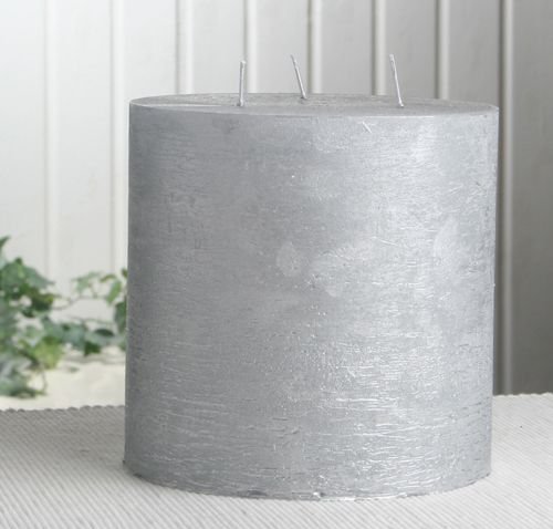 Rustik-Dreidochtkerze, 15 x 15 cm Ø, silber-metallic von CandleCorner Rustik-Kerzen