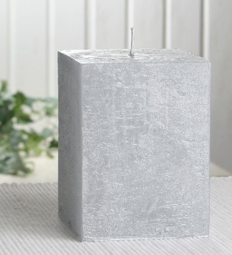 Rustik-Stumpenkerze, viereckig, 10x7,5x7,5 cm Ø, silber-metallic von CandleCorner Rustik-Kerzen