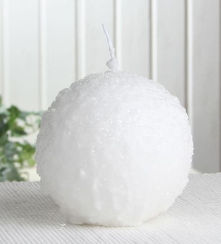 Kugelkerze "Schneeball", ca. 10 cm Ø, weiß mit Glitter, einzeln von CandleCorner Weihnachtskerzen