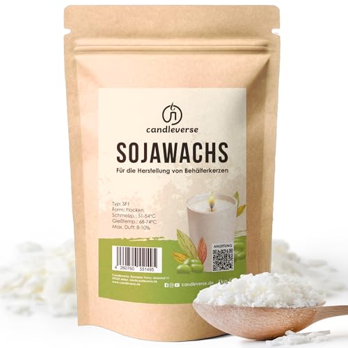 Candleverse Premium Sojawachs Flocken SF1 1kg | Natürliches Kerzenwachs für Behälterkerzen | Veganes Wachs zum Kerzen gießen | Wachs für Kerzenherstellung von Candleverse