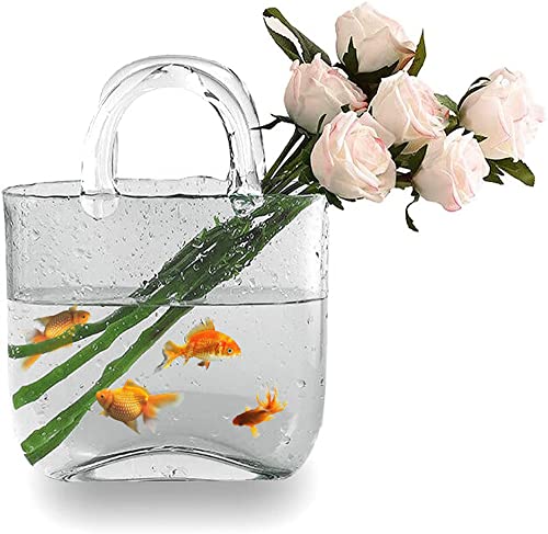 Candora Tasche Glasvasen für Dekor Kreative Bubble Handtasche Blumenvase Desktop Glaskorb Vase Mini Kristall Aquarium für Tischaufsätze, Küche, Büro Wohnzimmer, Transparent, Einheitsgröße von Candora