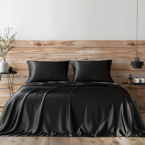 Candoury Satin-Seiden-Bettwäsche-Set für Doppelbett, 3-teilig, weicher und langlebiger Kissenbezug, Bettlaken und Spannbetttuch, Hotel-Bettwäsche-Set (Doppelbett, Schwarz) von Candoury