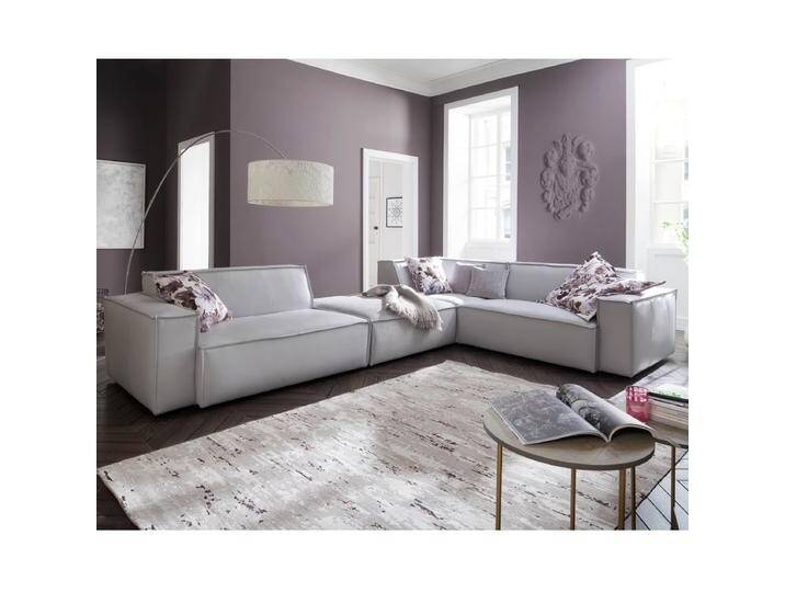 Candy Upper East große Wohnlandschaft im Bezugsmix Echtleder Torero stone und Zwischenhocker im Cosmopolitan Flachgewebe light grey auf Gleitern von Candy-Polstermöbel