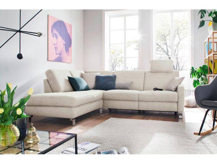 Ecksofa 3C CANDY Mainau modern und elegant, mit gutem Sitzkomfort, L-Form , weiß, B:257cm H:89cm T:220cm, Struktur ( 100% Polyester), Luxus-Microfaser weich: 98% Polyester, 2% Nylon, , Struktur weich (mit Wasser zu reinigen): 16% Baumwolle, 79% Polyester, 5% Polyacryl, Sofas, wahlweise mit elektrischer Relaxfunktion, Federkern von Candy-Polstermöbel