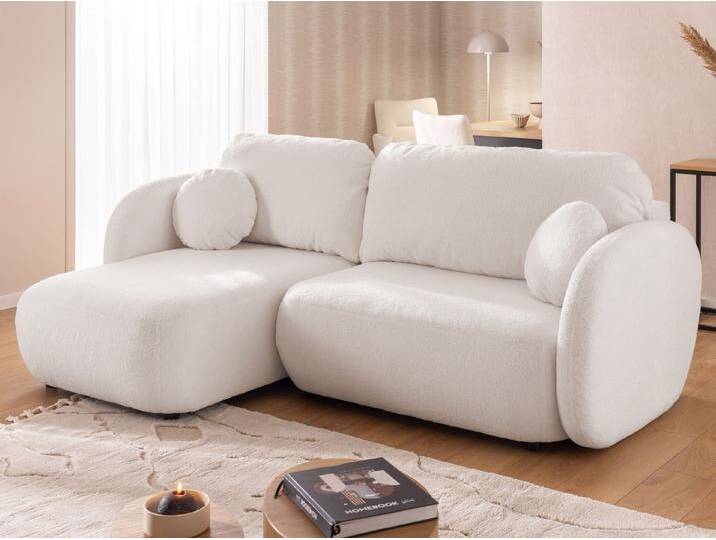 S-Style Möbel Candy - Moderne Ecksofa L-Form mit Schlaffunktion und Stauraum aus Bouclé-Stoff mit abgerundetem Design und hohem Sitzkomfort - Weiß von Candy-Polstermöbel