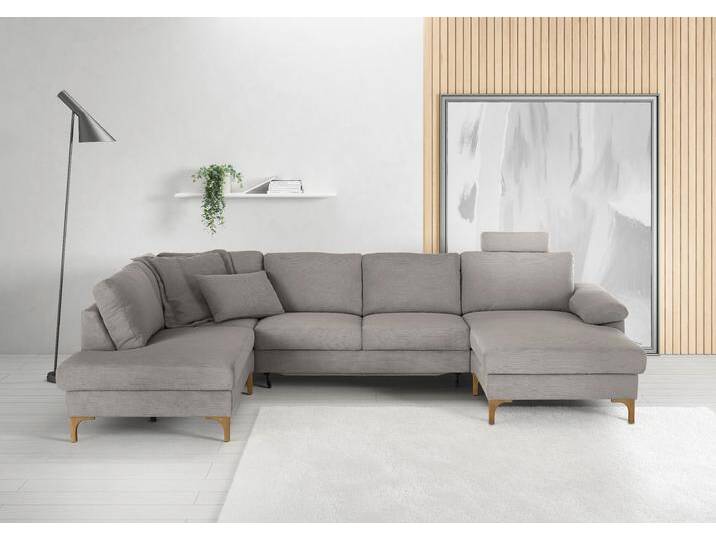 Wohnlandschaft 3C CANDY Lecce, wahlweise PUR-Schaumstoff oder Tonnentaschenfederkern U-Form , grau, B:339cm H:86cm T:220cm, 95% Polyester, 5% Nylon, Sofas, Bettkasten in Umbauecke und Longchair, sowie Querschläfer im 2-Sitzer von Candy-Polstermöbel