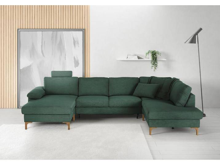 Wohnlandschaft 3C CANDY Lecce, wahlweise PUR-Schaumstoff oder Tonnentaschenfederkern U-Form , grün, B:339cm H:86cm T:220cm, 95% Polyester, 5% Nylon, Sofas, Bettkasten in Umbauecke und Longchair, sowie Querschläfer im 2-Sitzer von Candy-Polstermöbel