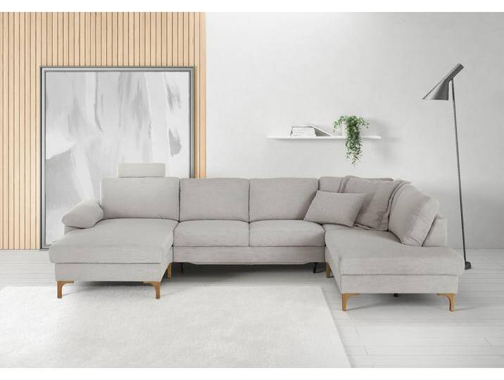 Wohnlandschaft 3C CANDY Lecce, wahlweise PUR-Schaumstoff oder Tonnentaschenfederkern U-Form , silber (silberfarben), B:339cm H:86cm T:220cm, 95% Polyester, 5% Nylon, Sofas, Bettkasten in Umbauecke und Longchair, sowie Querschläfer im 2-Sitzer von Candy-Polstermöbel