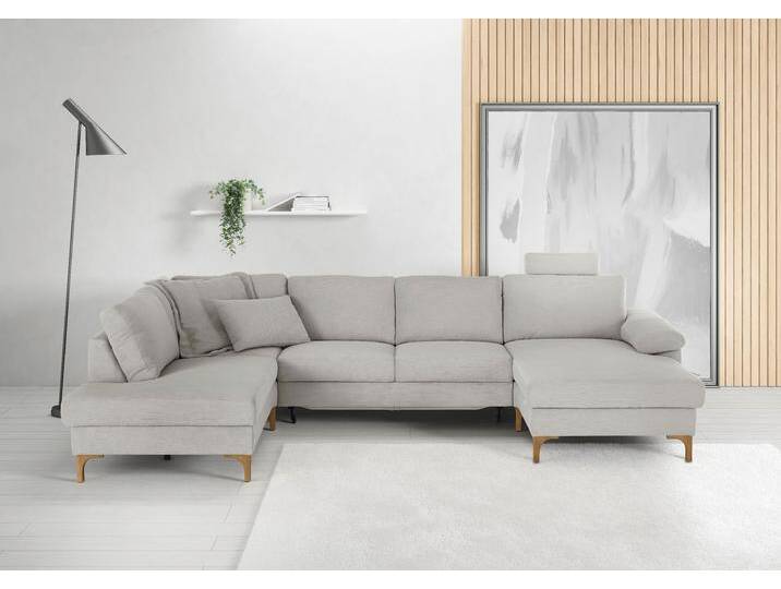 Wohnlandschaft 3C CANDY Lecce, wahlweise PUR-Schaumstoff oder Tonnentaschenfederkern U-Form , silber (silberfarben), B:339cm H:86cm T:220cm, 95% Polyester, 5% Nylon, Sofas, Bettkasten in Umbauecke und Longchair, sowie Querschläfer im 2-Sitzer von Candy-Polstermöbel