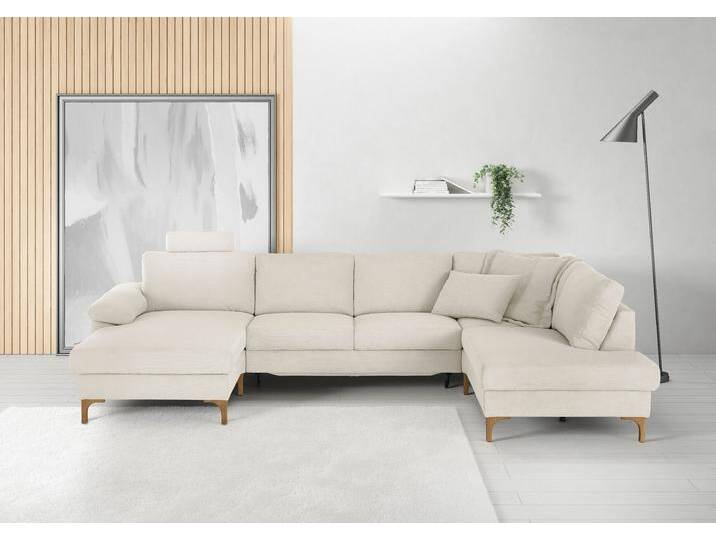Wohnlandschaft 3C CANDY Lecce, wahlweise PUR-Schaumstoff oder Tonnentaschenfederkern U-Form , weiß, B:339cm H:86cm T:220cm, 95% Polyester, 5% Nylon, Sofas, Bettkasten in Umbauecke und Longchair, sowie Querschläfer im 2-Sitzer von Candy-Polstermöbel