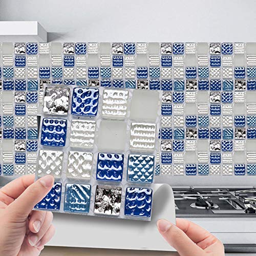 Candy101 10 Stück 3D Mosaik Küche Fliesenaufkleber DIY Kristallfliesenaufkleber Wasserdicht Selbstklebende Fliesensticker Peel and Stick Wandaufkleber Fliesenfolie für Bad, 10 x 10 cm (Blau) von Candy101