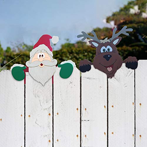 Candy101 2 Stück Weihnachtsschmuck im Freien - Weihnachtsmann und Hirsch Zaun Voyeur Garten Zeichen Pfähle Weihnachtsdeko Aussen Gartenschild Weihnachten Gartendeko Zaun Peeker (2 Stück) von Candy101