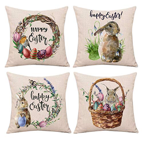 Candy101 4-teiliges Set Ostern Kissenbezug 45 x cm Deko Hase mit Kaninchen Aufdruck für Dekokissen Sofakissen Frühling Osterhase Kissenhülle (J-4 PCs) von Candy101