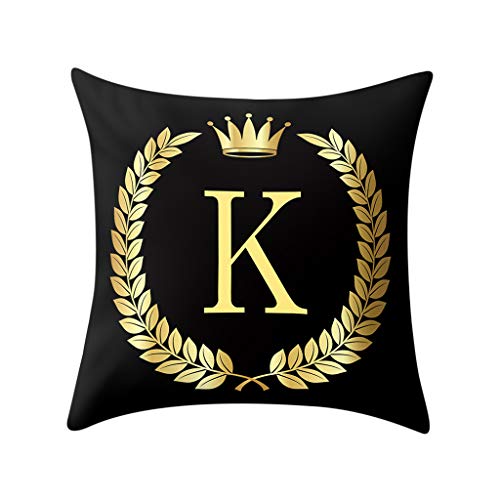 Candy101 Initialen Kissenbezug 45x45 cm Schwarz Kissenhülle Dekokissen Kissenbezüge mit goldenes Alphabet Krone Weizenähren Muster Sofakissen Polyester Kissenbezug für Auto Sofa Wohnzimmer (K) von Candy101