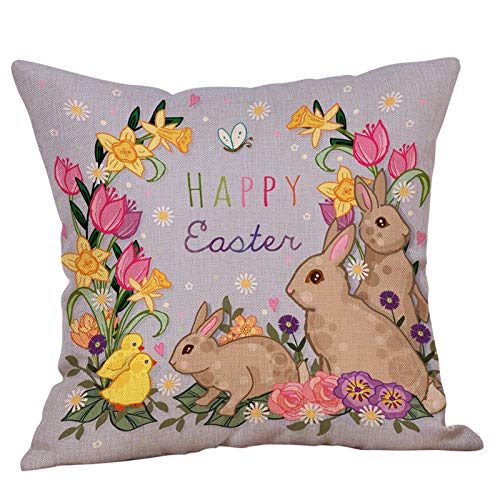 Candy101 Ostern Kissenbezug 45 x 45 cm Ostern Deko Kissenbezug Ostern Hase mit Kaninchen Aufdruck für Dekokissen Sofakissen Frühling Deko Kissenbezug Frühling Osterhase Kissenhülle (G) von Candy101