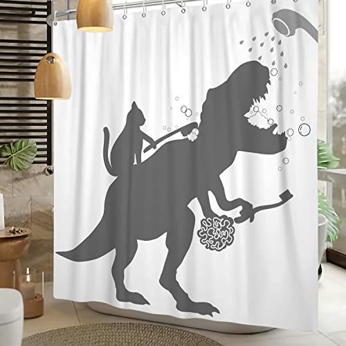 Lustiger Dinosaurier-Duschvorhang, Katze, Dino-Silhouette, T-Rex, Raptor, Badezimmer-Duschvorhang-Sets für Kinder, Badezimmer, Cartoon, Tierschatten, 152,4 x 182,9 cm, mit 10 Haken von Canessioa