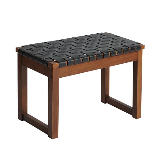 CangLong 66 cm breite Massivholzbank mit gewebten Kunstlederstreifen, Sitz für Eingangsbereich, Flur, Wohnzimmer und Esszimmer, Walnuss + Schwarz von CangLong