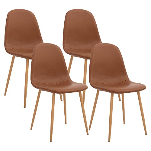 CangLong Chairs Washable PU Cushion Seat Back, Mid Century Metal Legs for Kitchen Dining Room Side Chair, Set of 4, Brown, Faux Leather von CangLong