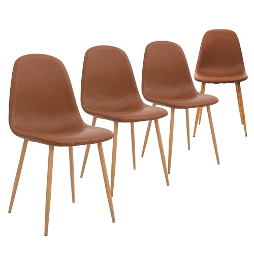 CangLong Satz von 4 Esszimmerstühlen Retro gepolsterte Küchenstühle für Küche Esszimmer, Kunstleder Esszimmerstuhl mit Metallbeinen, Braun von CangLong