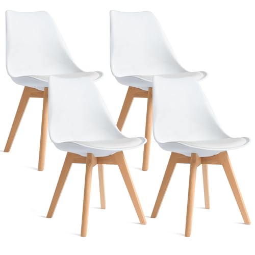 CangLong Mid Century Modern Dining Chair Beistellstuhl mit Holzbeinen für Küche Wohnzimmer Esszimmer, Weißes PP-Kissen + Beine aus Buchenholz, Set of 4 von CangLong