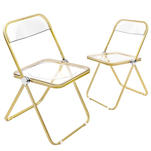 CangLong Esszimmerstühle Modern Acrylic Stackable, Plastic Folding Dining Room Armless Chairs with Gold Metal Frame, Set of 2, Amber Transparent von CangLong