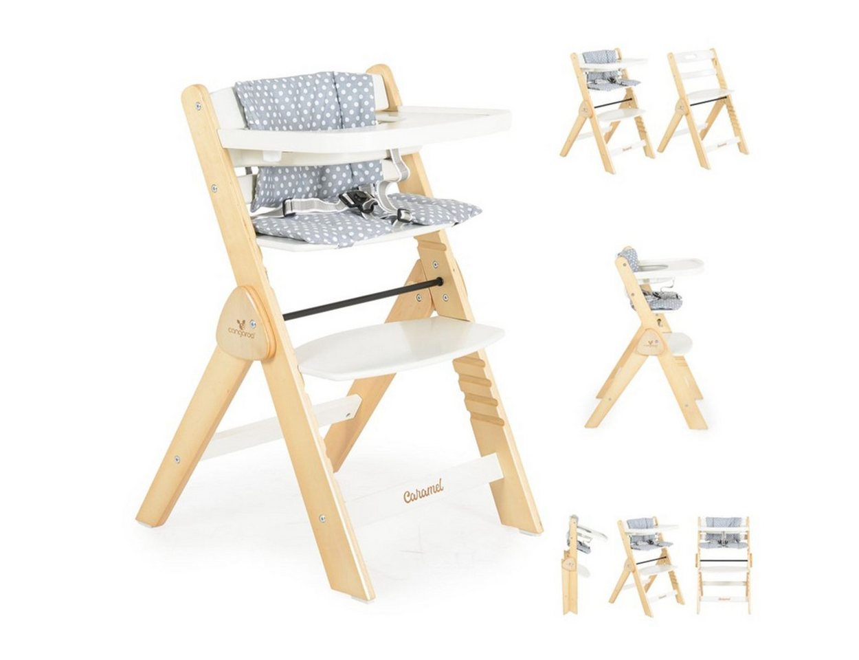 Cangaroo Kombihochstuhl Kinderhochstuhl Caramel Holz, Kissen, klappbar, Fußstütze, 3-Punkt-Gurt von Cangaroo