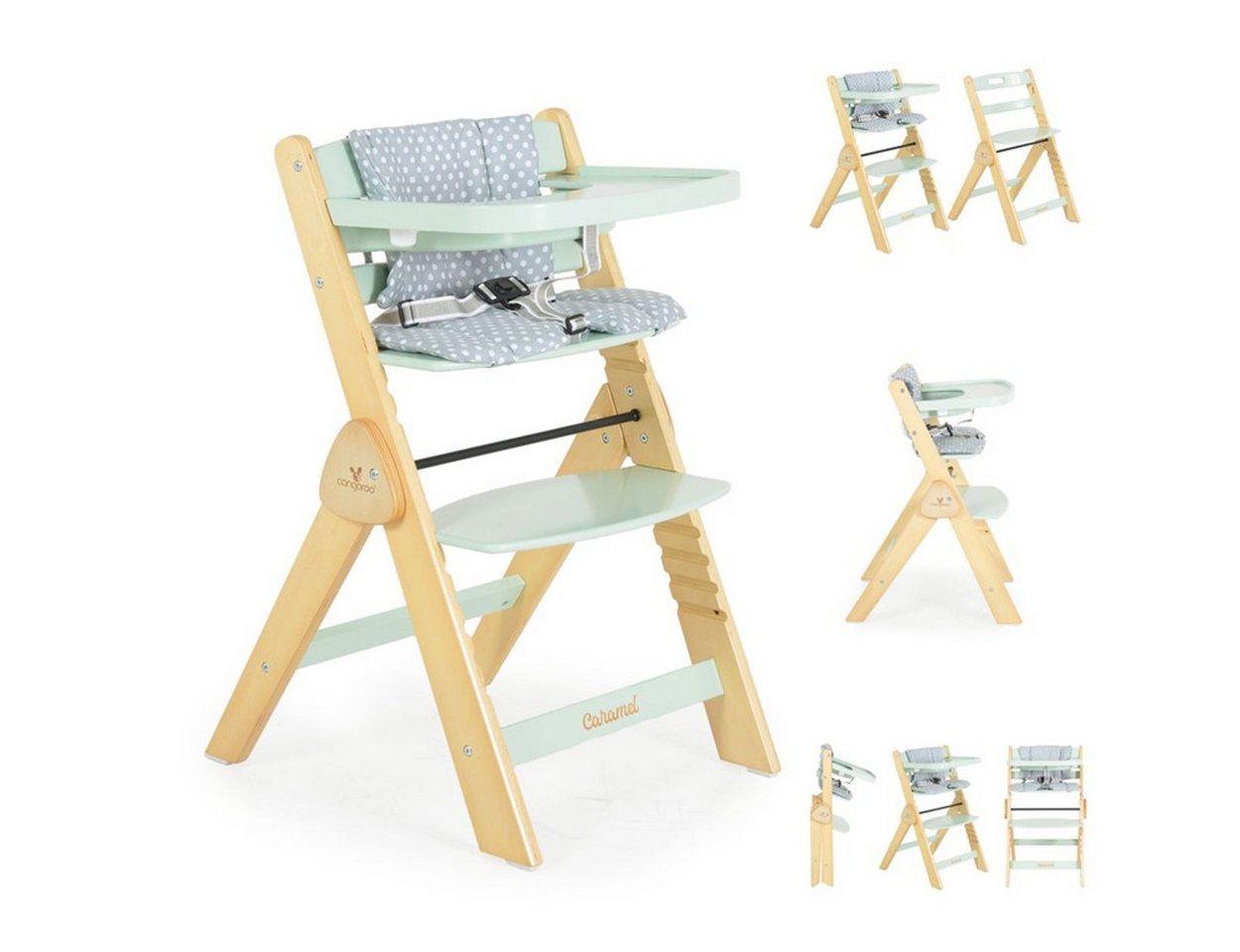 Cangaroo Kombihochstuhl Kinderhochstuhl Caramel Holz, Kissen, klappbar, Fußstütze, 3-Punkt-Gurt von Cangaroo