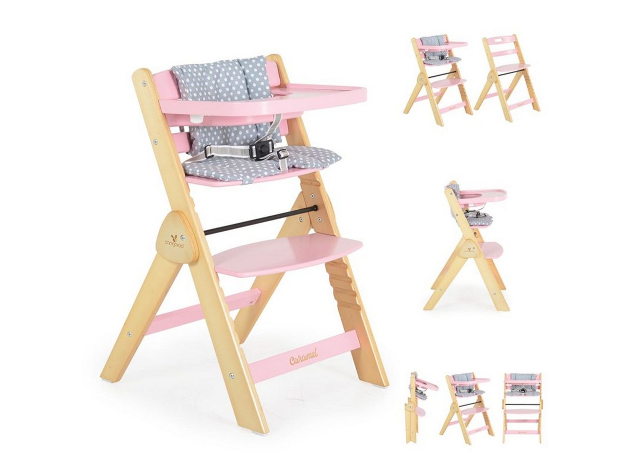 Cangaroo Kombihochstuhl Kinderhochstuhl Caramel Holz, Kissen, klappbar, Fußstütze, 3-Punkt-Gurt von Cangaroo