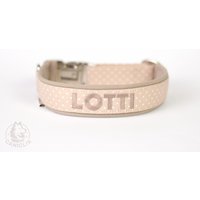 Halsband Hundehalsband Personalisiert Für Hunde - Bestickt Mit Namen Telefon Nummer Beige Creme Punkte Dots Gepolstert, in Wunschlänge von Caniclix