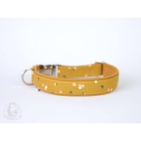 Hundehalsband Halsband Hund in Senfgelb Gelb Mit Punkten Wunschlänge Aus Bedruckter Baumwolle Polsterung Gepolstert Softshell Individuell von Caniclix