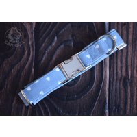 Personalisiertes Hundehalsband - Bestickt Mit Name & Telefonnummer Blau Weiß Herzen in Wunschlänge Baumwolle Softshell Polsterung von Caniclix