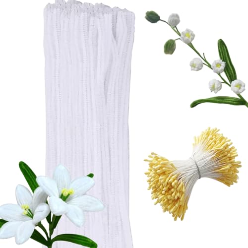 Canollo 100 Stück Pfeifenreiniger zum Basteln Weiß mit 100 Stück Staubblatt Gelb, Pfeifenputzer zum Basteln 30CM, Pipe Cleaners Blumen, Pfeifenreiniger Weiß für Kreative DIY-Projekte von Canollo
