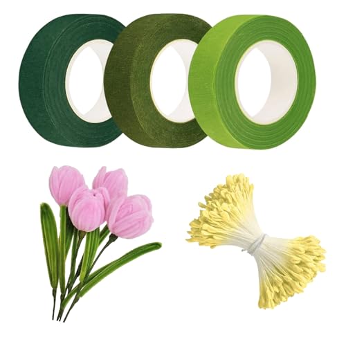 Canollo 350 Stück Pfeifenreiniger Blumen Staubblatt Gelb mit 3 Stück Verschiedene Grün Floristenband, Pfeifenputzer zum Blumen Basteln Set, 6cm Pipe Cleaner Gelb mit Zwei Perlen Köpfen für DIY Blumen von Canollo