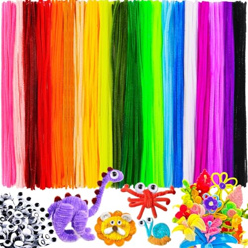 Canollo Pfeifenreiniger Set, 200 Stück Pfeifenputzer zum Basteln und 100 Stück Wackelaugen Selbstklebend, 20 Farben Bunte Chenilledraht, Pfeifenreiniger für DIY Projekte und Bastelzubehör Dekoration von Canollo