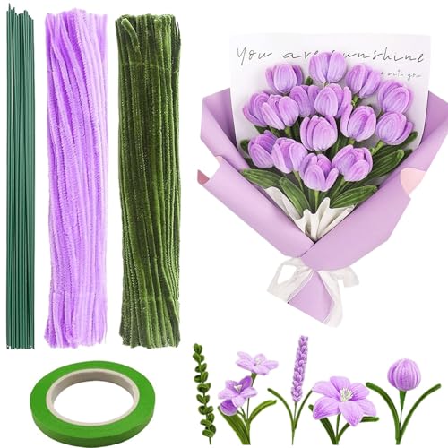 Canollo Tulpe Blumenstrauß Pfeifenreiniger Set, 170 Stück Pfeifenreiniger Violett für Tulpenstrauß Bastelprojekte, mit Pfeifenputzer zum basteln Blumen (2 Farben),16 Stück Grün Basteldraht, Klebeband von Canollo